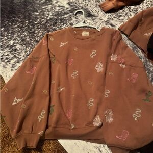Brown Sweatshirt with Embroidered Designs